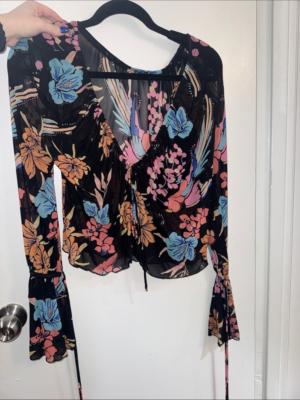 Free People Black Floral Sheer Tie-Front Blouse with Pink & Blue Accents